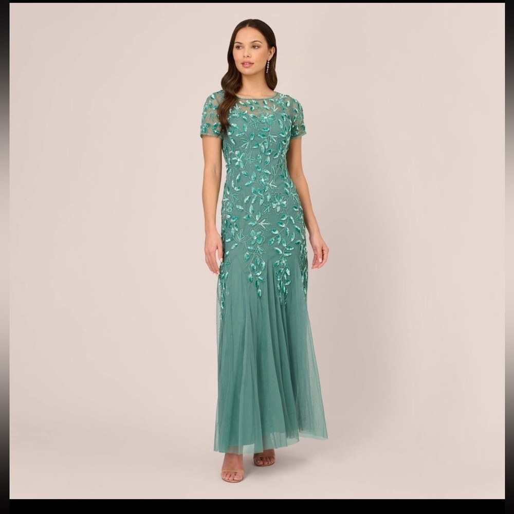 NWT ADRIANNA PAPELL HAND BEADED SHORT SLEEVE FLORAL GODET GOWN